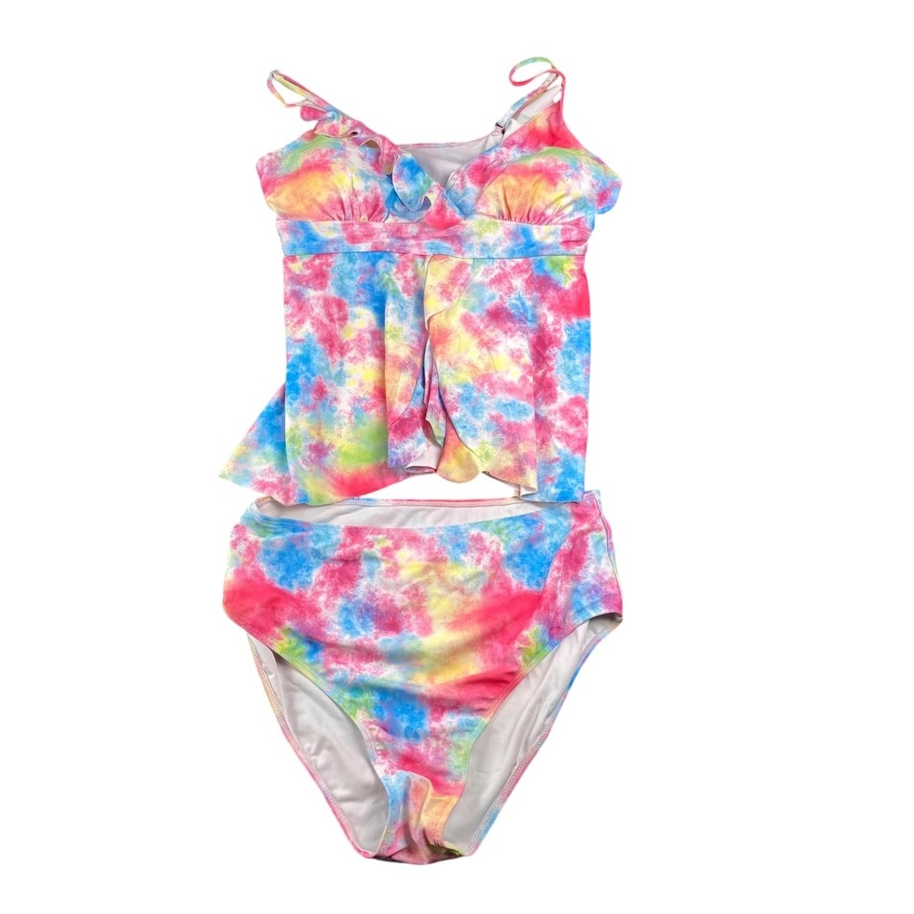 Womens Plus Size 1XL Tie Dye Tankini Swimsuit Ruffle High Waist Bikini Set 657